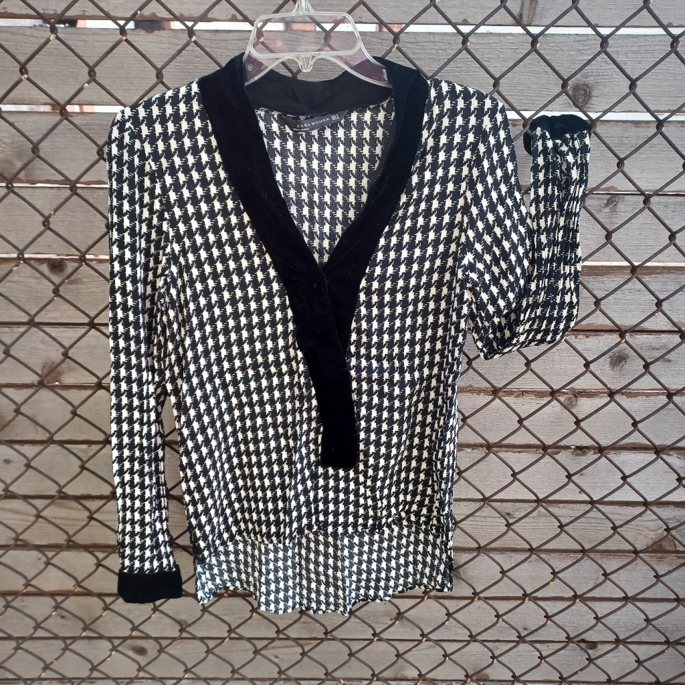 Zara Houndstooth Long Sleeve Viscose Shirt Blouse Top Size Small